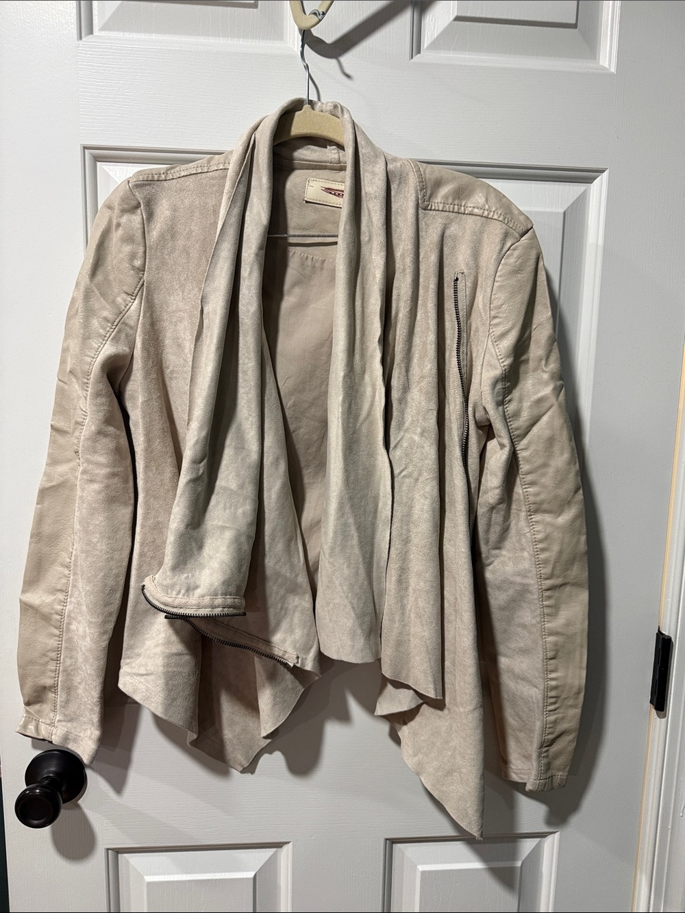 Blank NYC Vegan Leather Suede Asymmetrical Moto Draped Jacket, Beige -‎ Size S